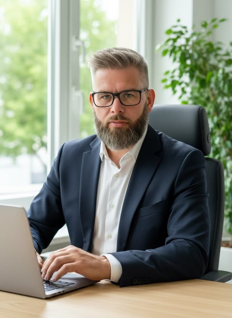 Professional man with beard and glasses wearing navy blazer and white shirt, working at laptop in modern office with plants and bright windows